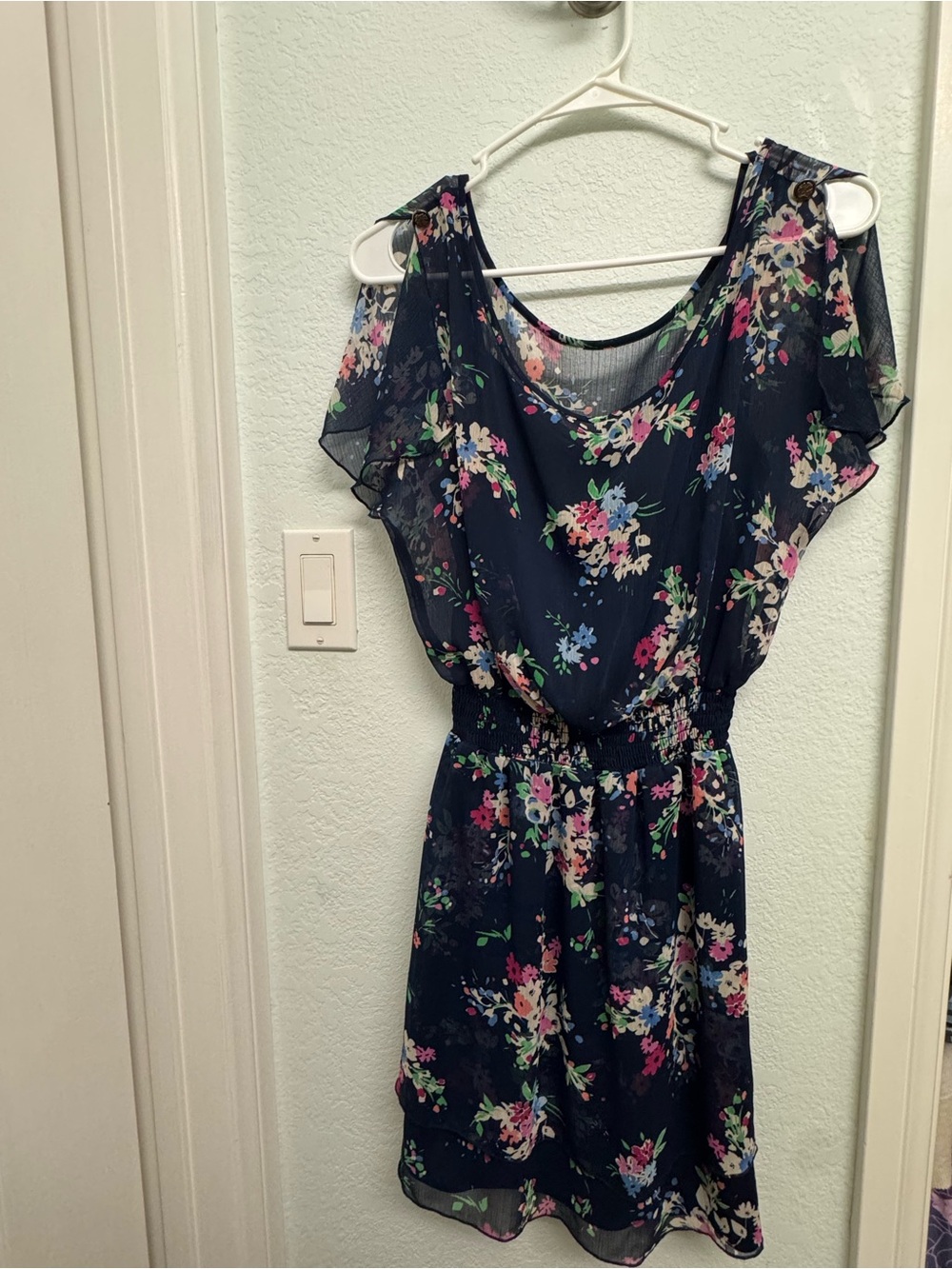 Express Navy Floral Cold-Shoulder Mini Dress with Pink & Green Accents
